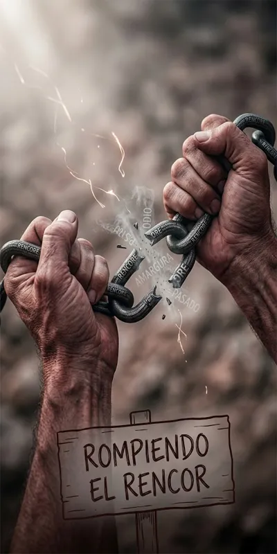 Manos rompiendo cadenas metafóricas que representan el rencor